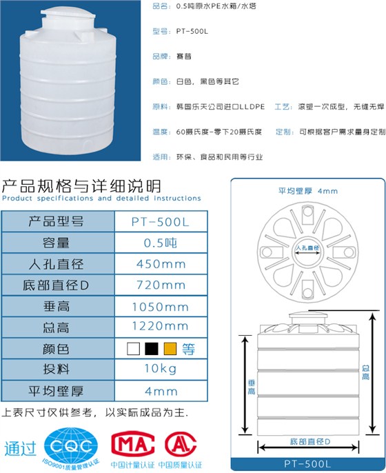 半吨原水PE水箱水塔详情