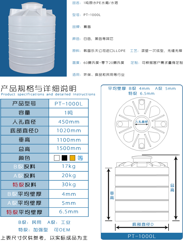 1吨原水PE水箱详情