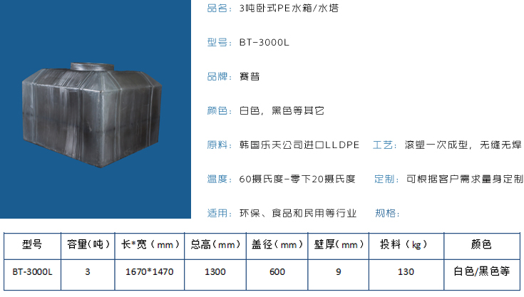 3吨卧式PE水箱水塔详情